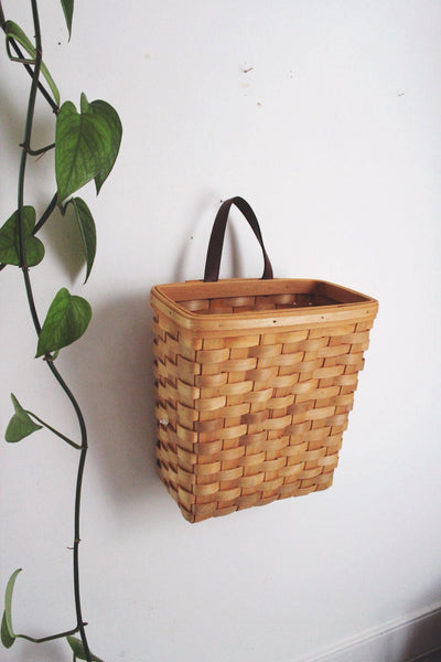 Vintage Handwoven Wall Hanging Basket Fabric Liner Leather Handle Storage Decor