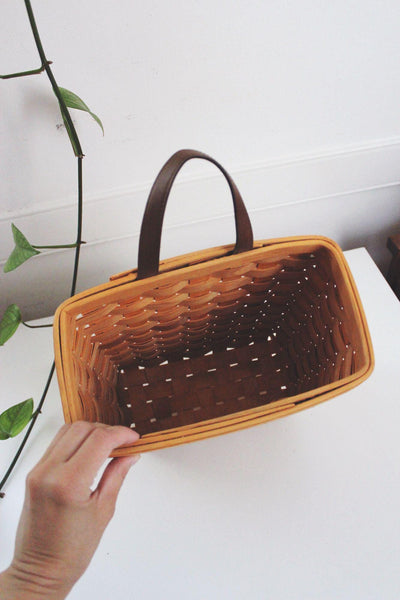 Vintage Handwoven Wall Hanging Basket Fabric Liner Leather Handle Storage Decor