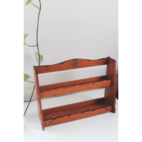 Vintage Wooden Spice Rack Wall Shelf - Brass Eagle & Star Accents - Rustic Americana