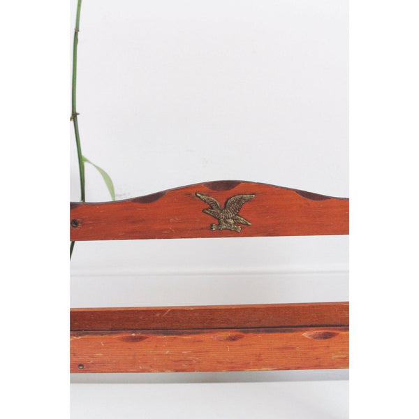 Vintage Wooden Spice Rack Wall Shelf - Brass Eagle & Star Accents - Rustic Americana