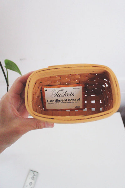 Vintage Small Mini Woven Basket Fabric Liner Taskets Condiment Wooden Woven