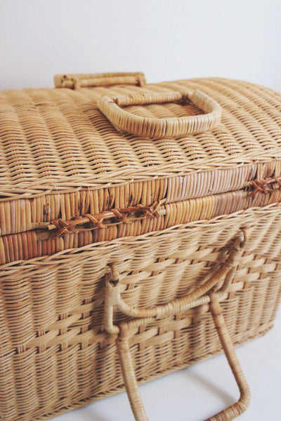 Vintage Wicker Picnic Basket Double Handles Handwoven Storage French Farmhouse