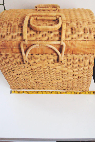 Vintage Wicker Picnic Basket Double Handles Handwoven Storage French Farmhouse