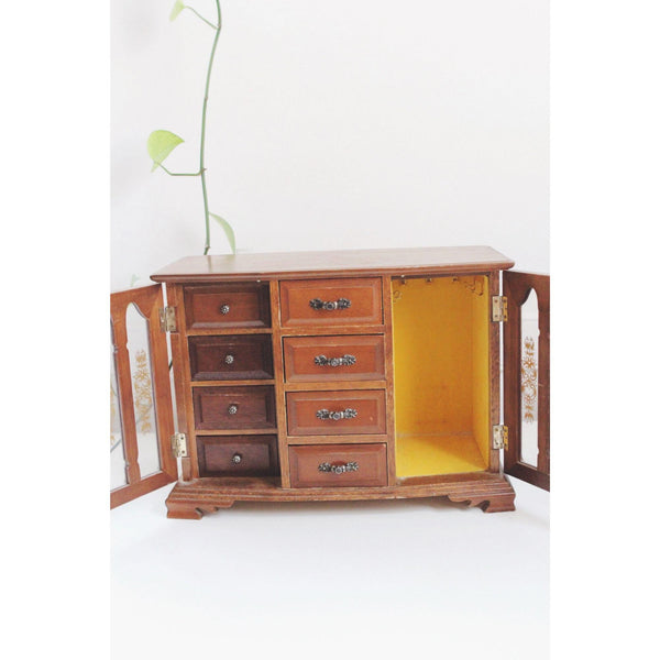 Vintage Wooden Jewelry Box Armoire London Leather - Ornate Glass Doors - Mid Century, Retro