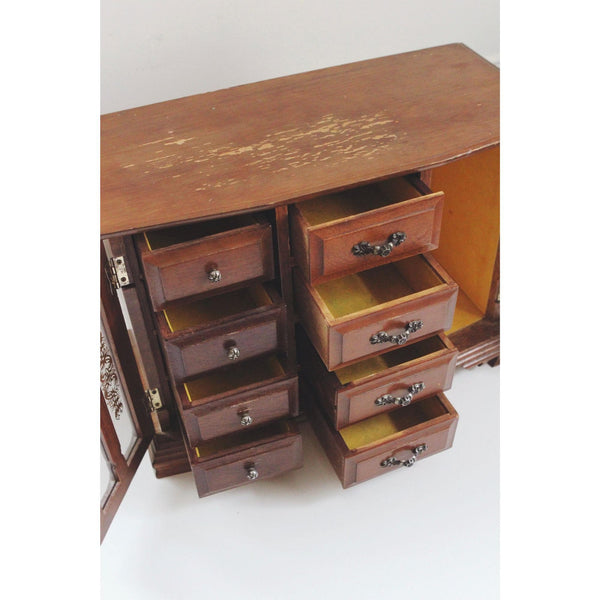 Vintage Wooden Jewelry Box Armoire London Leather - Ornate Glass Doors - Mid Century, Retro