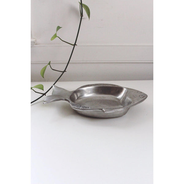Vintage Fish Serving Tray Trinket Dish Catchall - Silver, Oval, Textured Details