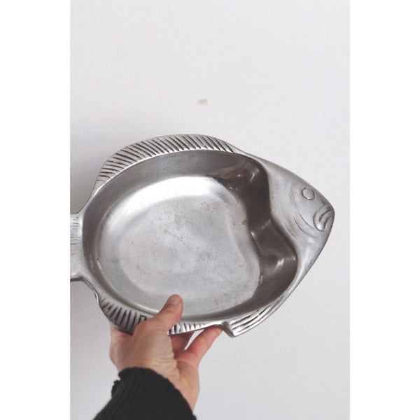 Vintage Fish Serving Tray Trinket Dish Catchall - Silver, Oval, Textured Details