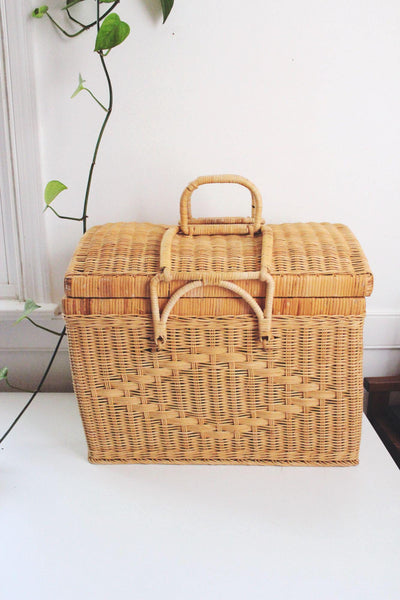 Vintage Wicker Picnic Basket Double Handles Handwoven Storage French Farmhouse
