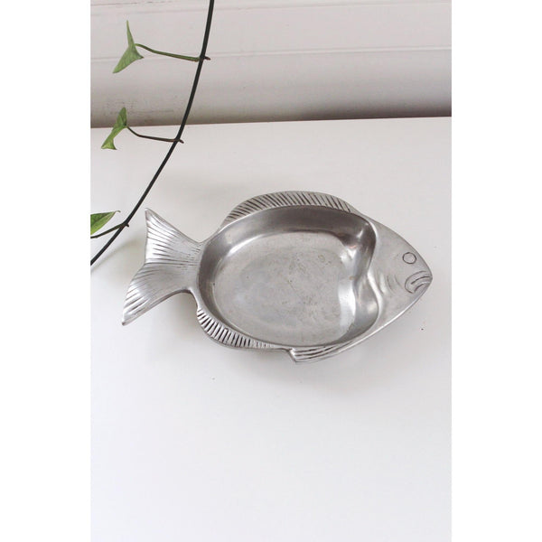 Vintage Fish Serving Tray Trinket Dish Catchall - Silver, Oval, Textured Details