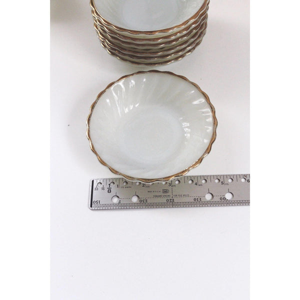 Vintage Milk Glass Bowls Set of 7 - Anchor Hocking Fire-King - Gold Trim Scalloped Edges, Berry Dessert Bowls