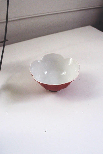 Vintage Japanese Ceramic Lotus Flower Rice Bowl Trinket Dish Red Mid Century
