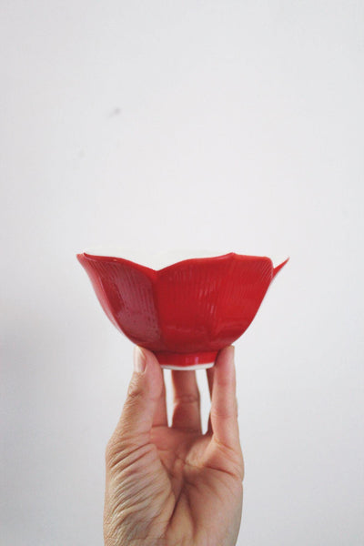 Vintage Japanese Ceramic Lotus Flower Rice Bowl Trinket Dish Red Mid Century