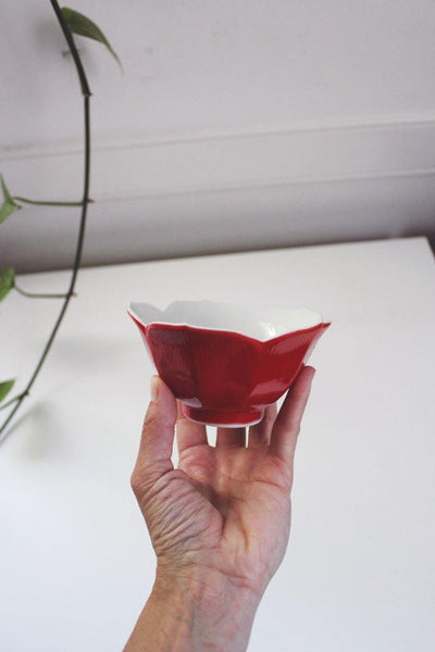 Vintage Japanese Ceramic Lotus Flower Rice Bowl Trinket Dish Red Mid Century