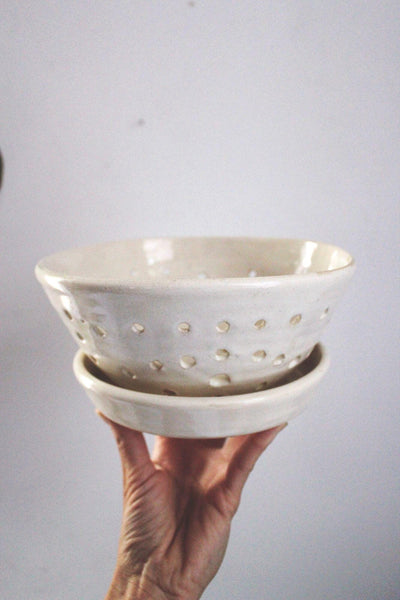 Studio Pottery Stoneware Ceramic Berry Bowl Saucer Set Colander Tray Handmade