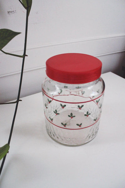 Vintage KIG Glass Holiday Canister Jar Red Lid Holly Berry Design Christmas