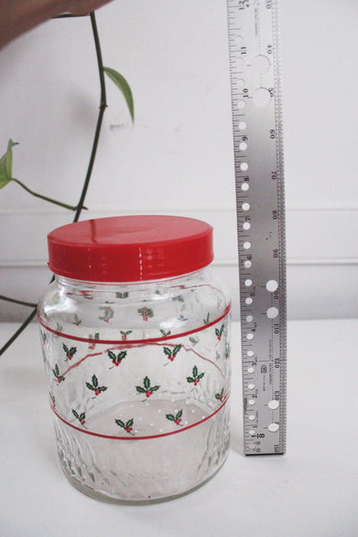 Vintage KIG Glass Holiday Canister Jar Red Lid Holly Berry Design Christmas