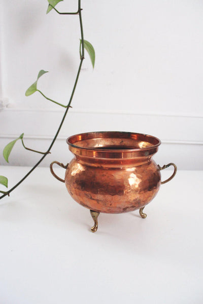 Vintage Hammered Copper Brass Pot Cauldron Planter Footed Handles Hammered