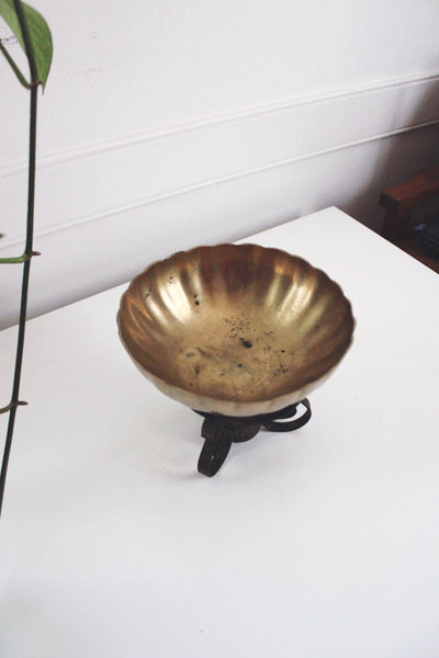 Vintage Brass Bowl Ornate Stand Centerpiece Candle Holder Mid Century Brutalist
