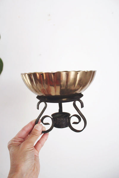 Vintage Brass Bowl Ornate Stand Centerpiece Candle Holder Mid Century Brutalist