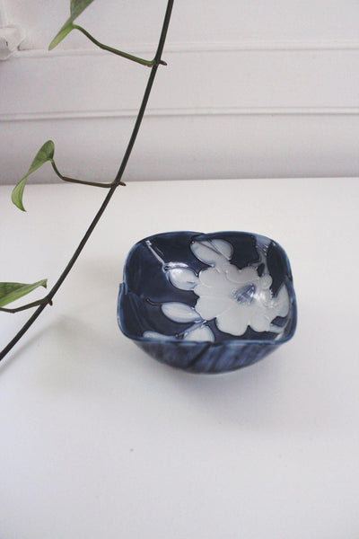 Vintage Hand-Painted Blue White Ceramic Bowl Floral Square Fitz Floyd Japan