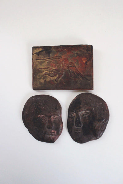 Vintage Sculptural Figural Wall Hanging Art Plaques Studio Pottery Ancient Rustic