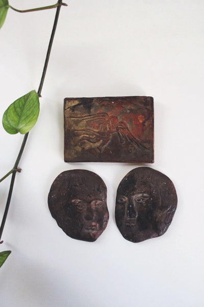Vintage Sculptural Figural Wall Hanging Art Plaques Studio Pottery Ancient Rustic