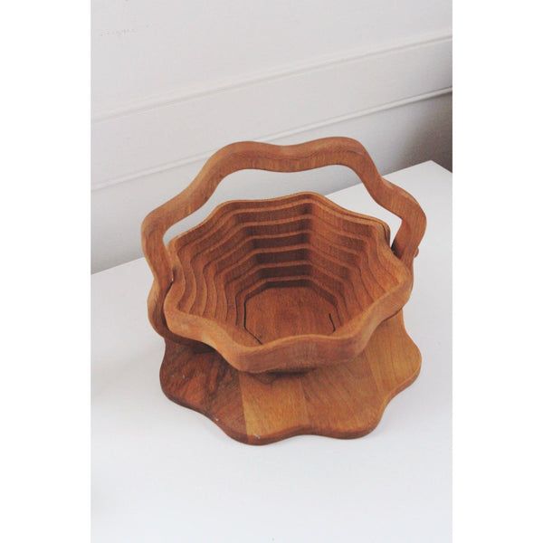 Vintage Scalloped Wooden Collapsible With - Fruit Bowl, Home Decor