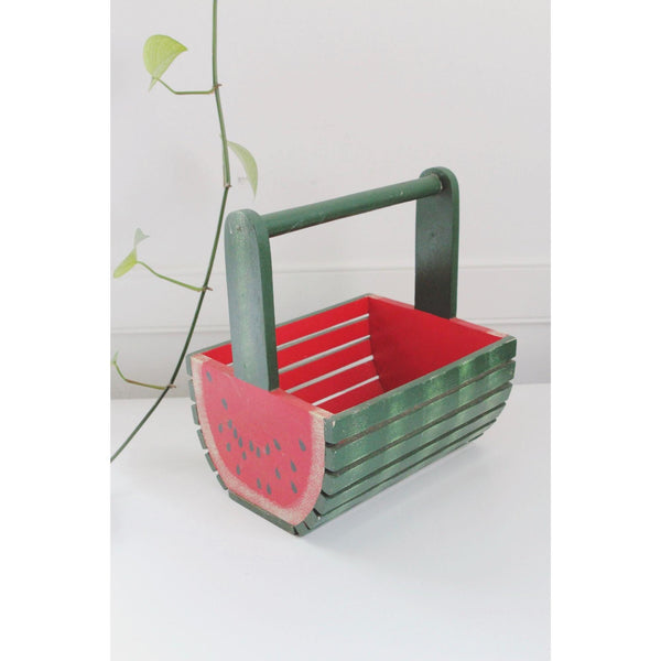 Vintage Watermelon Wooden Basket With Handle - Hand Painted Rustic Farmhouse Decor, Folk Art
