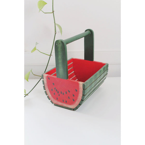 Vintage Watermelon Wooden Basket With Handle - Hand Painted Rustic Farmhouse Decor, Folk Art