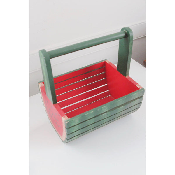 Vintage Watermelon Wooden Basket With Handle - Hand Painted Rustic Farmhouse Decor, Folk Art