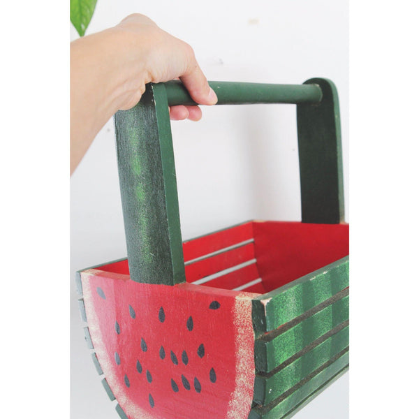 Vintage Watermelon Wooden Basket With Handle - Hand Painted Rustic Farmhouse Decor, Folk Art