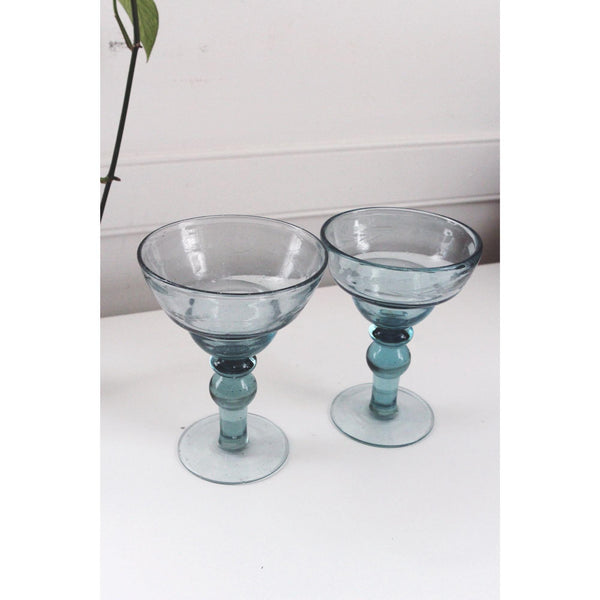 Vintage Blue Margarita Glasses Goblets Ball Bubble Stem Floral Etching - Set Of 2