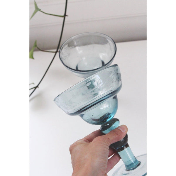 Vintage Blue Margarita Glasses Goblets Ball Bubble Stem Floral Etching - Set Of 2