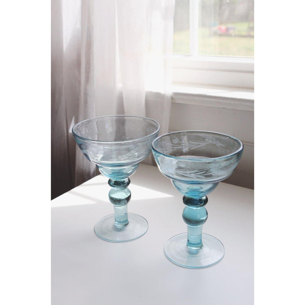Vintage Blue Margarita Glasses Goblets Ball Bubble Stem Floral Etching - Set Of 2