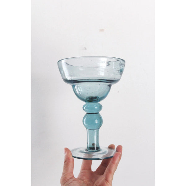 Vintage Blue Margarita Glasses Goblets Ball Bubble Stem Floral Etching - Set Of 2