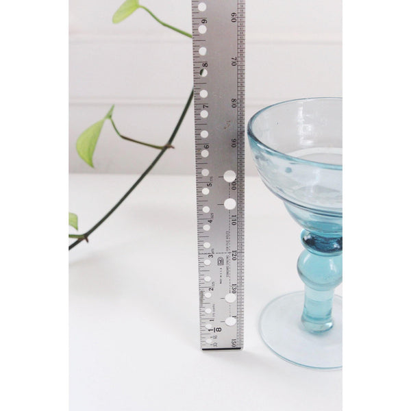 Vintage Blue Margarita Glasses Goblets Ball Bubble Stem Floral Etching - Set Of 2