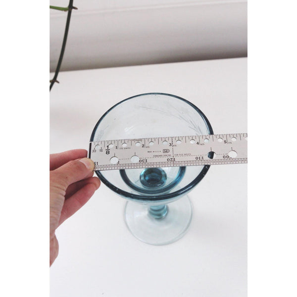 Vintage Blue Margarita Glasses Goblets Ball Bubble Stem Floral Etching - Set Of 2