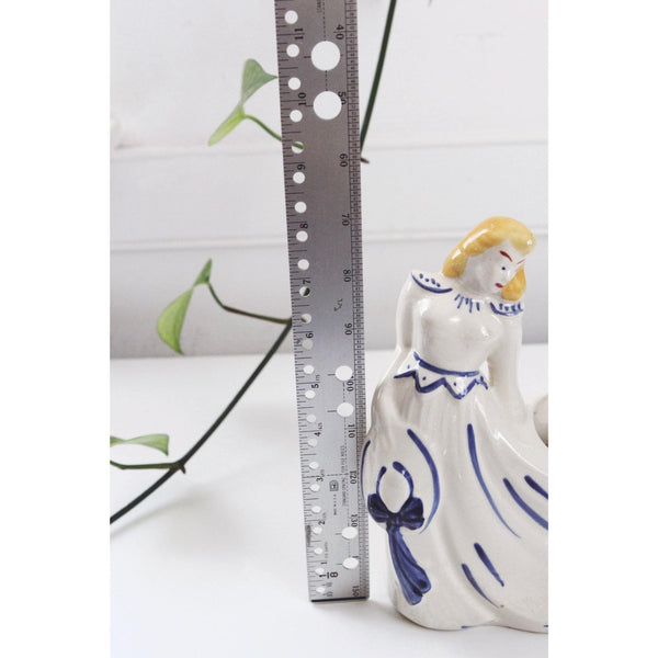 Vintage Ceramic Lady Figurine Planter With Blue & Yellow Hand-Painted - Mid Century, Southern Belle