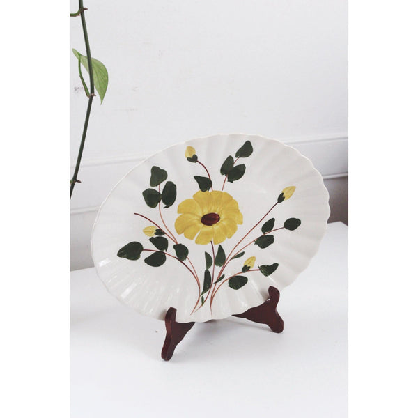 Vintage Hand-Painted Ceramic Oval Platter Yellow Floral Design Scalloped Edge - Blue Ridge Southern Potteries
