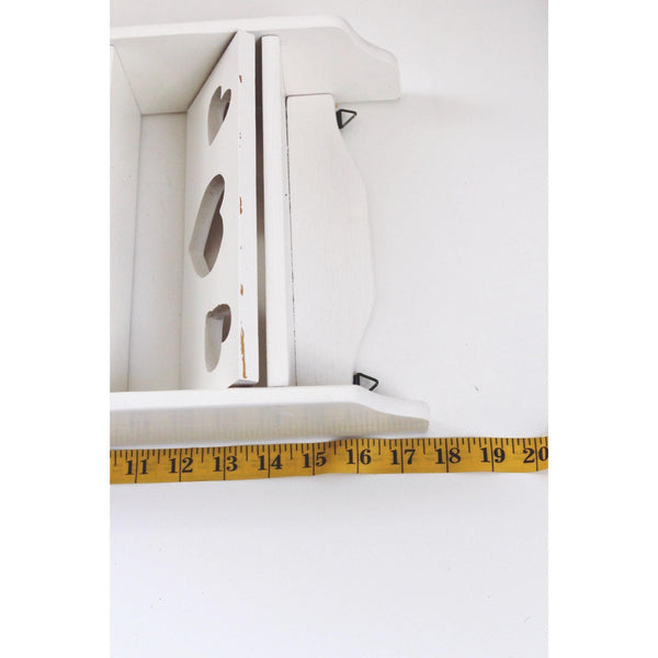 Vintage White Wooden Trinket Shelf Wall Organizer - Heart Cutouts & Hooks - Cottagecore, Rustic, Farmhouse
