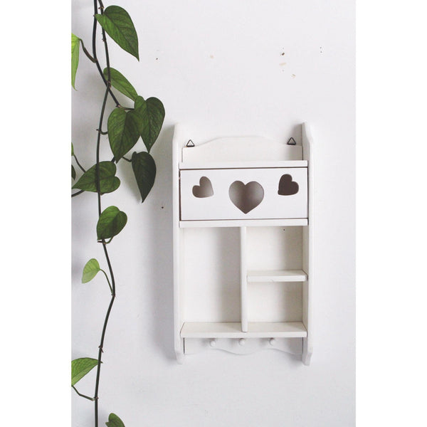 Vintage White Wooden Trinket Shelf Wall Organizer - Heart Cutouts & Hooks - Cottagecore, Rustic, Farmhouse