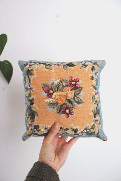 Vintage Floral Tapestry Throw Pillow Fruit Floral Motif Square Cottagecore 8"