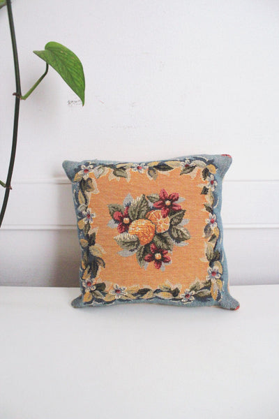 Vintage Floral Tapestry Throw Pillow Fruit Floral Motif Square Cottagecore 8"