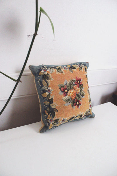 Vintage Floral Tapestry Throw Pillow Fruit Floral Motif Square Cottagecore 8"