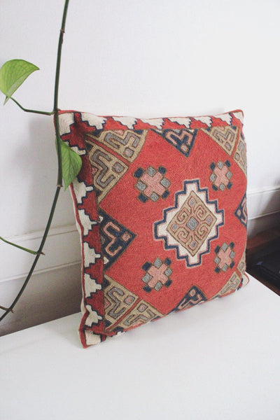 Vintage Kilim Embroidered Throw Pillow Cover Red Geometric 14" Square Woven