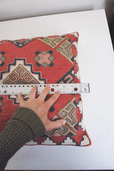 Vintage Kilim Embroidered Throw Pillow Cover Red Geometric 14" Square Woven