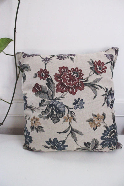 Vintage Floral Tapestry Throw Pillow Beige Flowers 18" Square Cottagecore