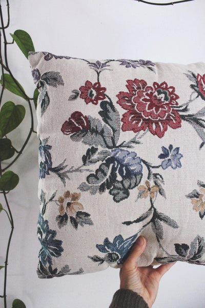 Vintage Floral Tapestry Throw Pillow Beige Flowers 18" Square Cottagecore