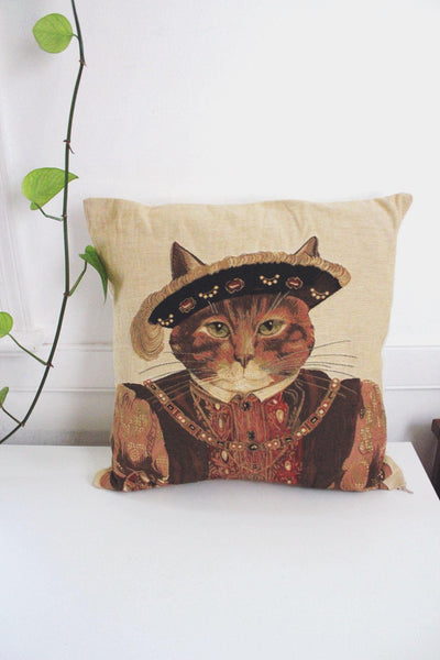 Vintage Anthropomorphic Cat Tapestry Throw Pillow Susan Herbert King Henry VIII 18"
