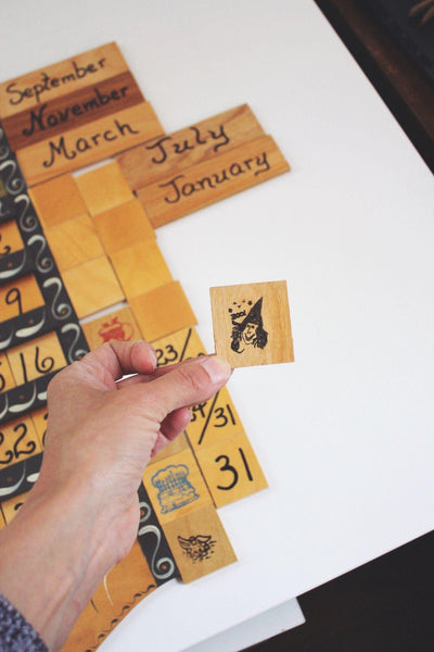Vintage 1987 Hand-Painted Perpetual Wooden Wall Calendar With Interchangeable Month & Day Tiles